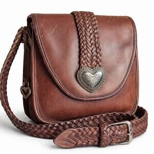 Vtg Brighton Brown Leather Woven Saddle Bag Crossbody Heart Concho Purse